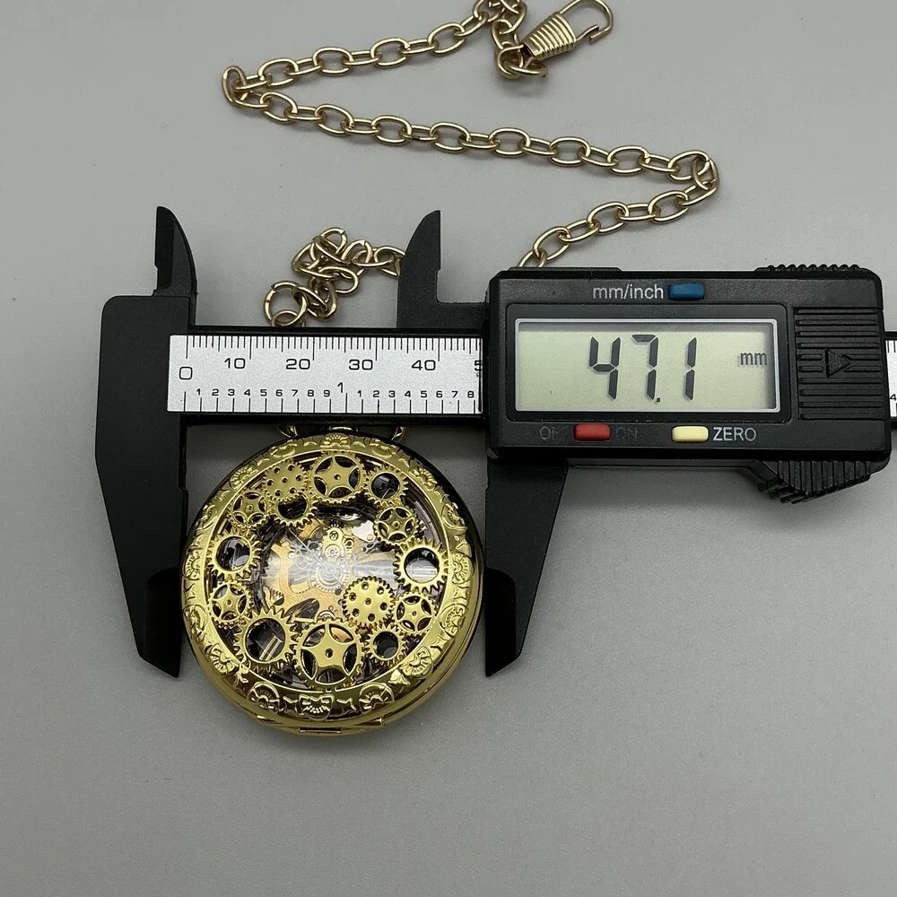 Steampunk Gear Pocket Watch Men 47mm Gold Tone Skeleton Half Hunter Manual